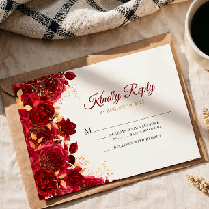 Elegant Burgundy and Gold Floral Quinceañera RSVP Card