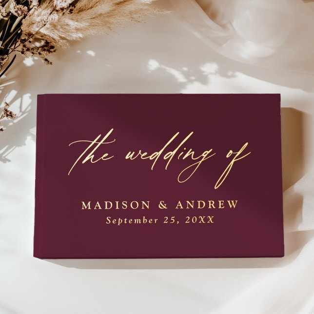 Elegant Burgundy and Gold Foil Calligraphy Wedding Guest Book (Creator Uploaded)