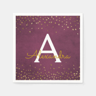 Elegant Burgundy and Gold Foil Confetti Monogram Napkin