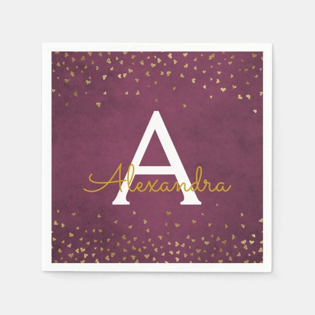 Elegant Burgundy and Gold Foil Confetti Monogram Napkin (Front)