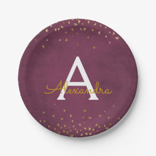 Elegant Burgundy and Gold Foil Confetti Monogram Paper Plate