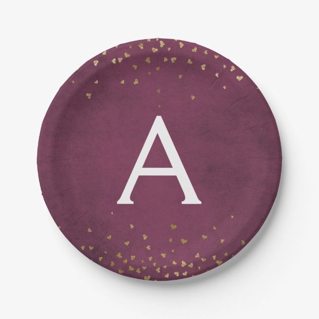 Elegant Burgundy and Gold Foil Confetti Monogram Paper Plate (Front)