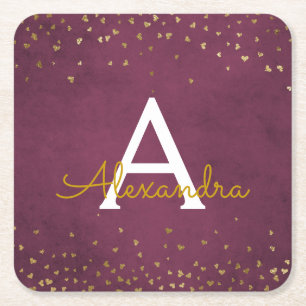 Elegant Burgundy and Gold Foil Confetti Monogram Square Paper Coaster