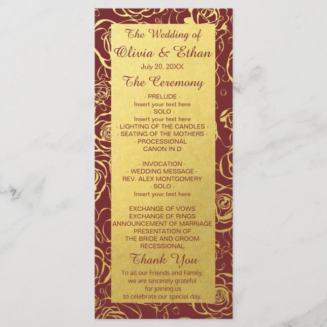 Elegant Burgundy and Gold Foil Flowers Program (Front)