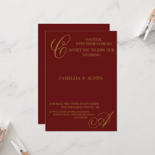 Elegant Burgundy and Gold Foil Monogram Invitation