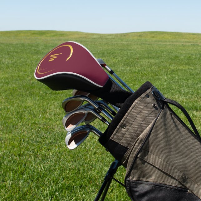 Elegant Burgundy and Gold Golf Head Cover (In Situ)