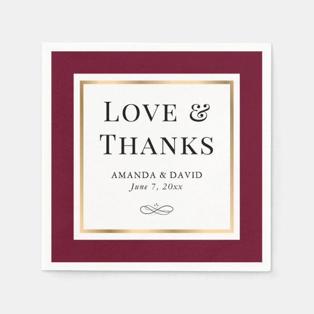 Elegant Burgundy and Gold Love and Thanks Wedding Napkin (Front)