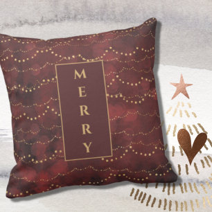 Elegant Burgundy and Gold MERRY Text Christmas Cushion