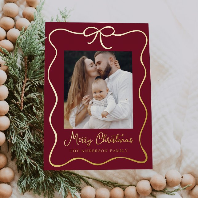 Elegant Burgundy and Gold Ribbon Bow 2 Photo Foil Holiday Card (Creator Uploaded)