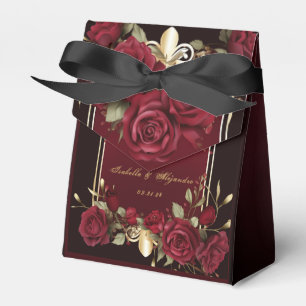 Elegant Burgundy and Gold Rose Wedding Favour Box