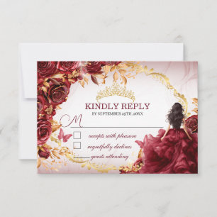 Elegant Burgundy and Gold Roses Quinceañera RSVP Card