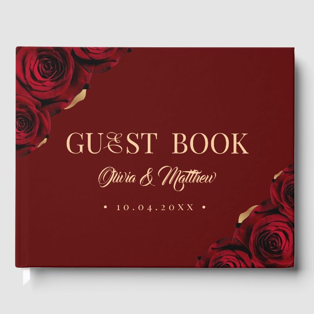 Elegant Burgundy and Gold Roses Wedding Guest Book (Front)