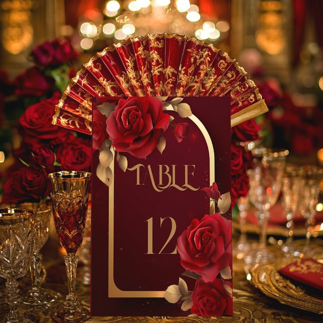 Elegant Burgundy and Gold Rustic Wedding Pedestal Sign (Elegant Burgundy Red Rose Table Number Pedestal Sign)