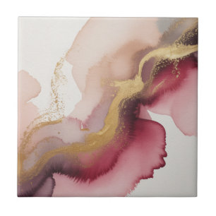 Elegant Burgundy and Gold Watercolor Art Ceramic Tile