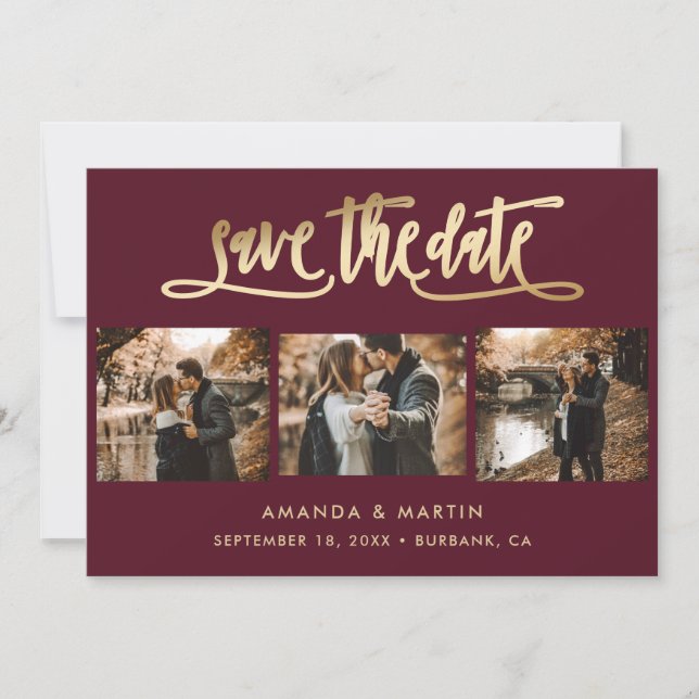 Elegant Burgundy and Gold Wedding 3 Photo Save The Date (Front)