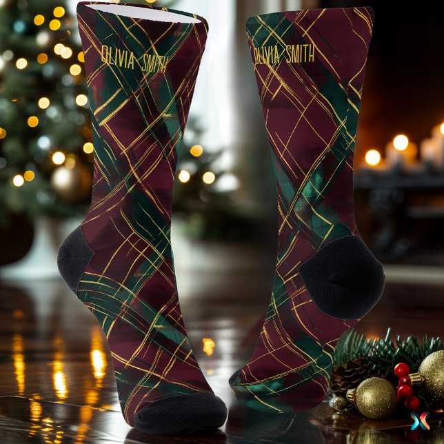 Elegant Burgundy and Green Christmas Plaid Custom Socks (Creator Uploaded)