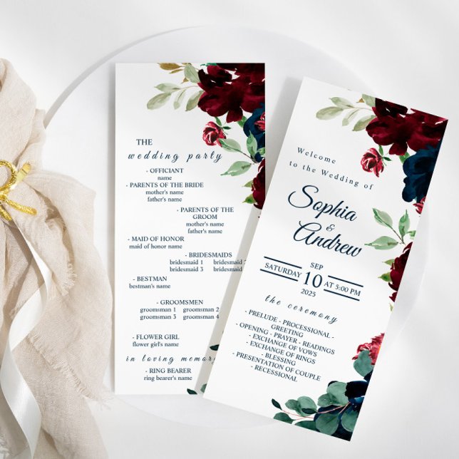 Elegant Burgundy and Navy Blue Flowers Wedding Program (Creator Uploaded)