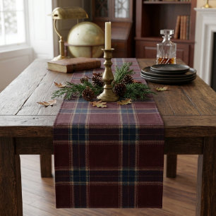 Elegant Burgundy and Navy Blue Heritage Plaid Short Table Runner