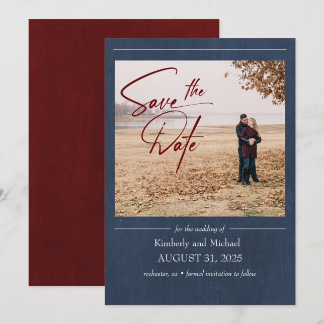Elegant Burgundy and Navy Blue Save the Date Photo (Front/Back)