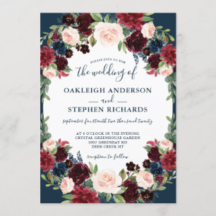 Elegant Burgundy and Navy Floral Wedding Invitation