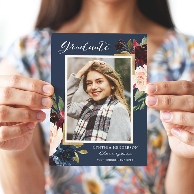 Elegant Burgundy and Navy Grad Photo Graduation Announcement (Creator Uploaded)