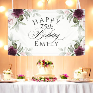 Elegant Burgundy and Pink Floral 75th Birthday Banner