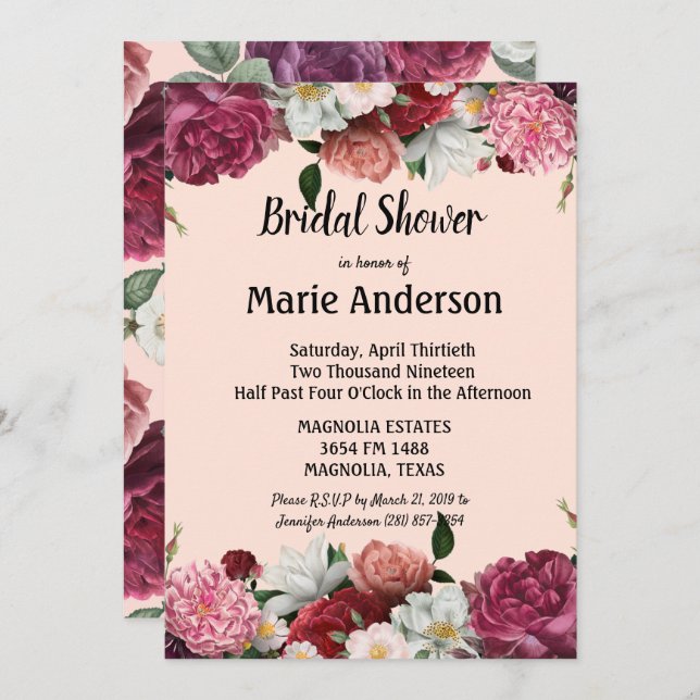 Elegant Burgundy and Pink Flowers Bridal Shower (Front/Back)