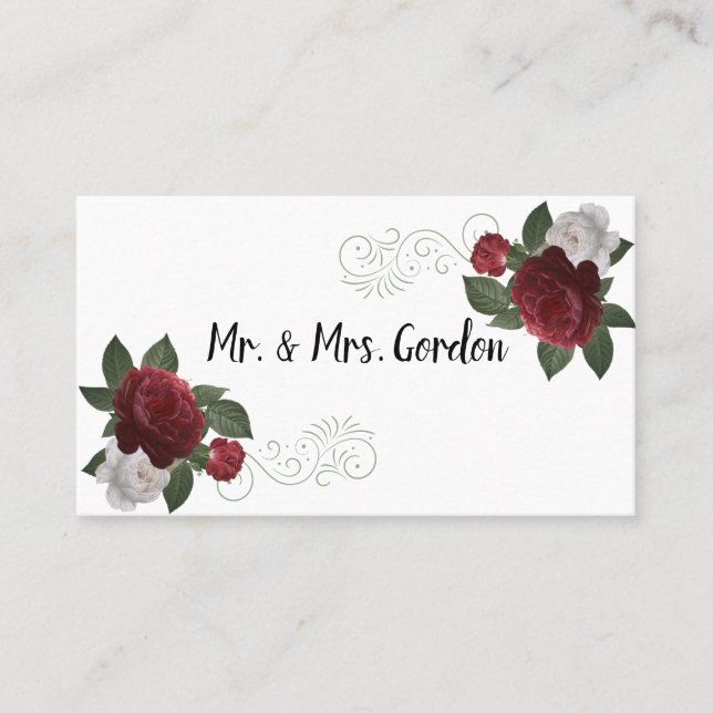 Elegant Burgundy and Pink Flowers Escort Card (Front)