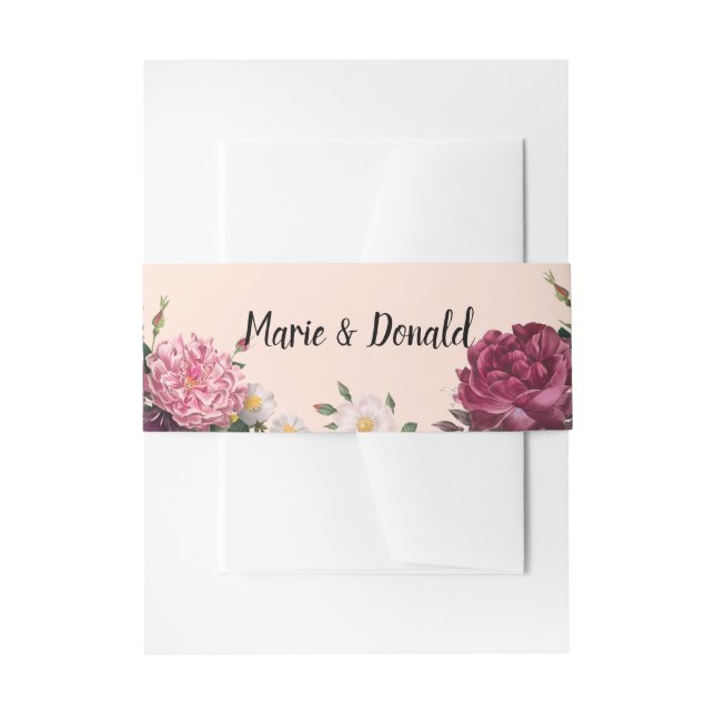 Elegant Burgundy and Pink Flowers Invitation Belly Band (Front Example)