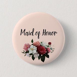 Elegant Burgundy and Pink Flowers Maid of Honour 6 Cm Round Badge