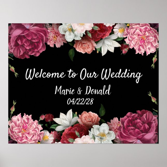 Elegant Burgundy and Pink Flowers Wedding Poster (Front)