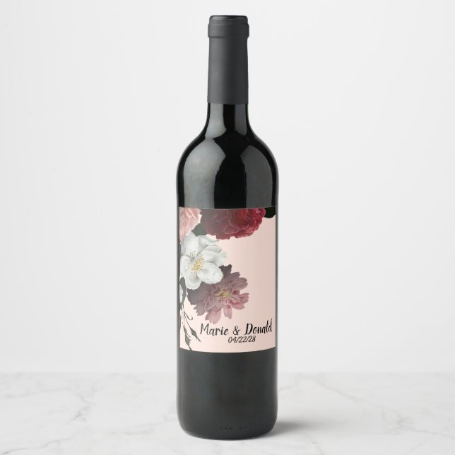 Elegant Burgundy and Pink Flowers Wine Label (Front)