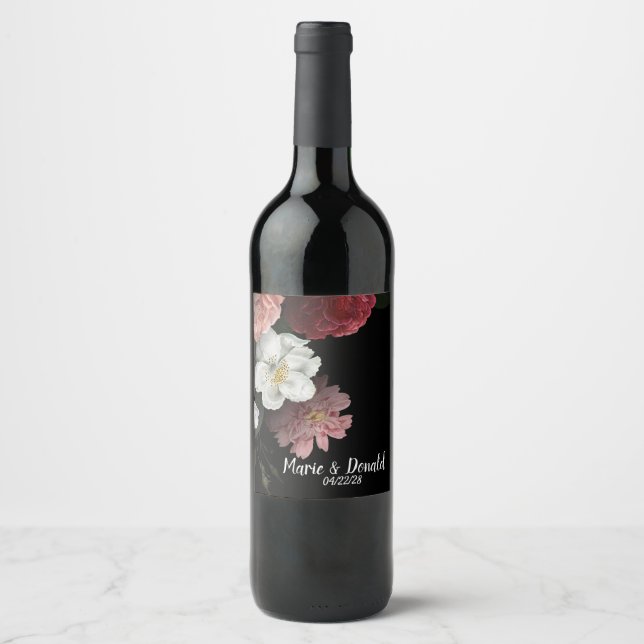 Elegant Burgundy and Pink Flowers Wine Label (Front)