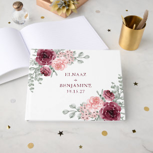 Elegant Burgundy and Pink Rose Watercolor Wedding Guest Book