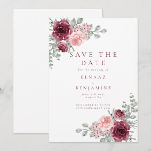 Elegant Burgundy and Pink Rose Watercolor Wedding Save The Date