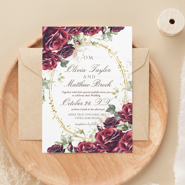 Elegant Burgundy and red Roses Gold Wedding  Invitation (Creator Uploaded)