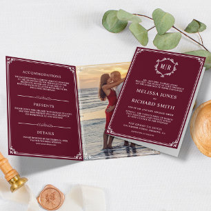 Elegant Burgundy and White Monogram Wedding Invitation