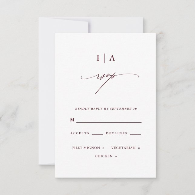 Elegant Burgundy and White Monogram Wedding Rsvp Card (Front)