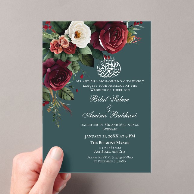 Elegant Burgundy and White Roses Floral Islamic Acrylic Invitations (Insitu (Handheld))
