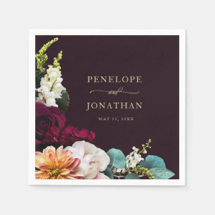 Elegant Burgundy Autumn Floral Gold Script Wedding Napkin