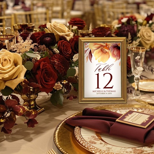 Elegant Burgundy Autumn Watercolor Floral Table Number (Creator Uploaded)