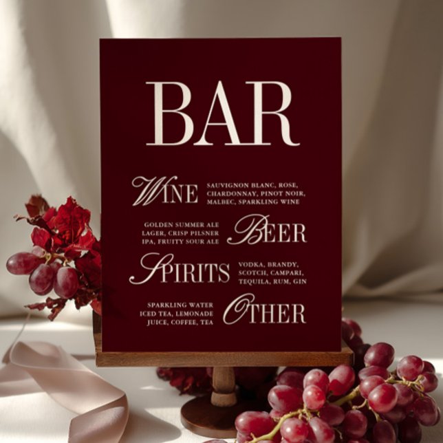 Elegant Burgundy Bar Menu Drinks Wedding Tabletop  (Elegant Burgundy Bar Menu Drinks Wedding Tabletop)