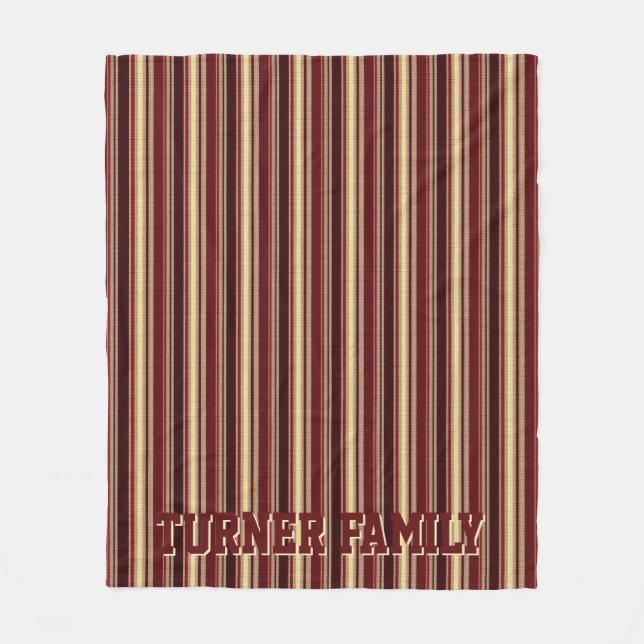 Elegant Burgundy Beige Stripes Custom Monogram Fleece Blanket (Front)