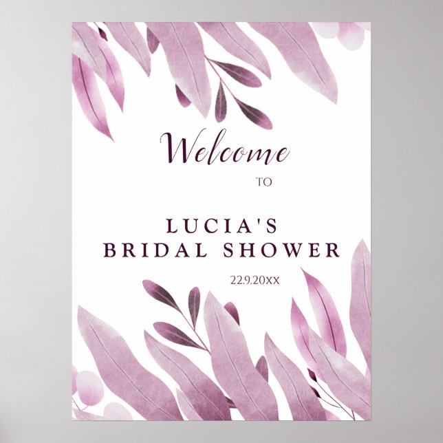 Elegant Burgundy Big Leaves Bridal Shower Welcome Poster (Front)