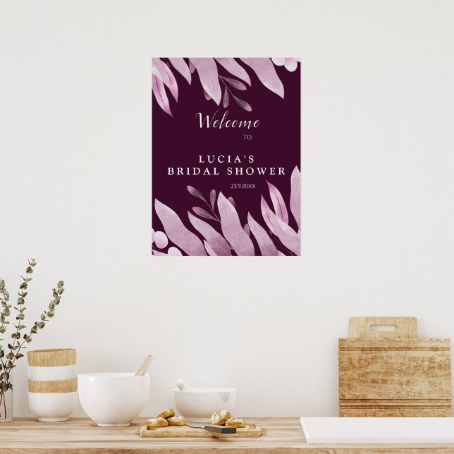 Elegant Burgundy Big Leaves Bridal Shower Welcome Poster (Kitchen)