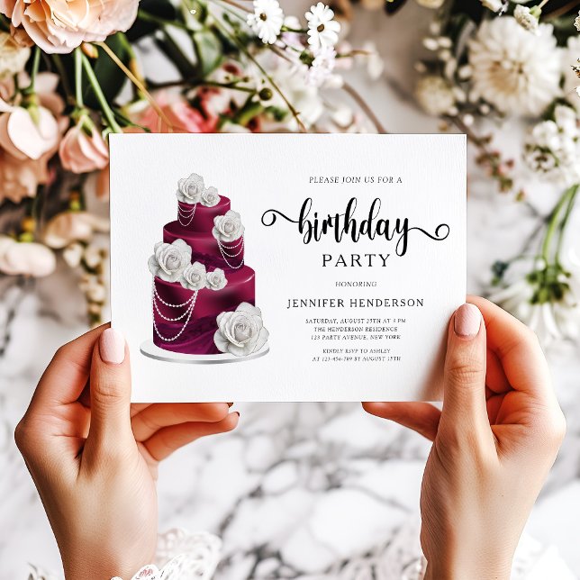 Elegant Burgundy Birthday Cake Party Invitation (Elegant Burgundy Birthday Cake Party Invitation)