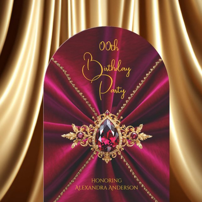 Elegant Burgundy Birthday Gold Jewel Faux Velvet Invitation (Creator Uploaded)