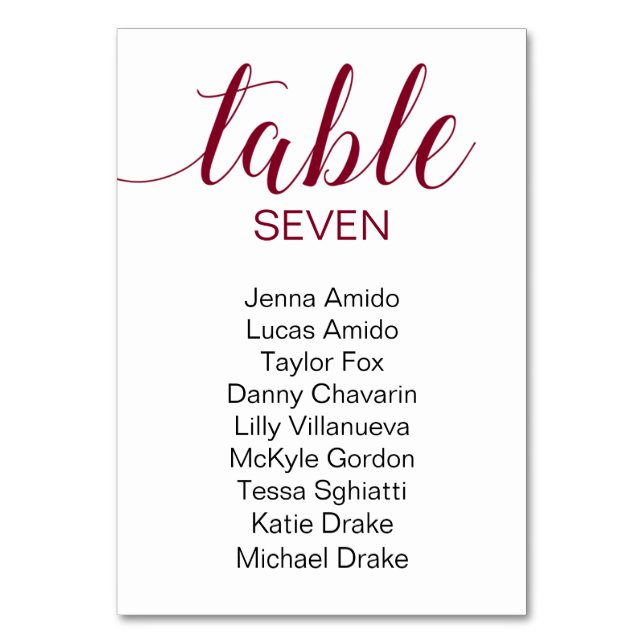 Elegant Burgundy & Black Wedding Seating Chart Table Number (Front)