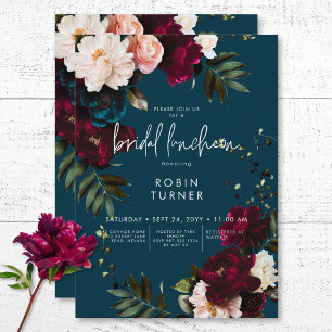 Elegant Burgundy & Blue Floral Bridal Luncheon Invitation