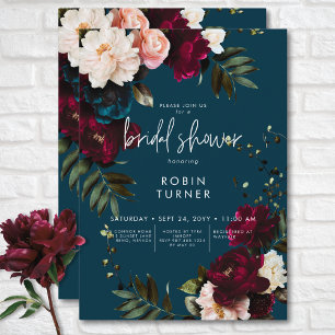 Elegant Burgundy & Blue Floral Bridal Shower Invitation